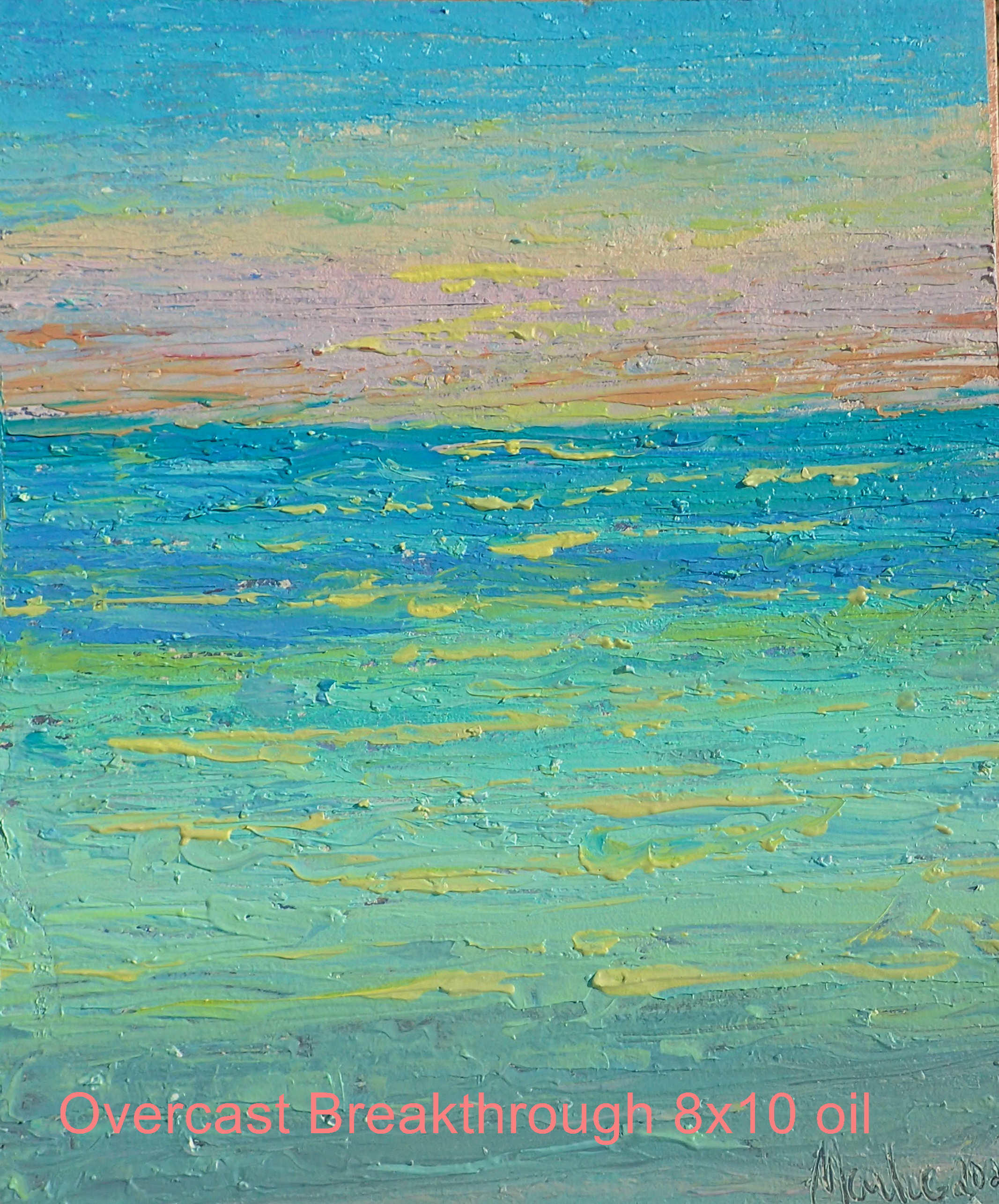 Original Oil on linen canvas 8x10   Palette knife original oil painting on an early morning awakening to a sky very overcast.  The beach and tropical water begins to light up with the sun breaking thr