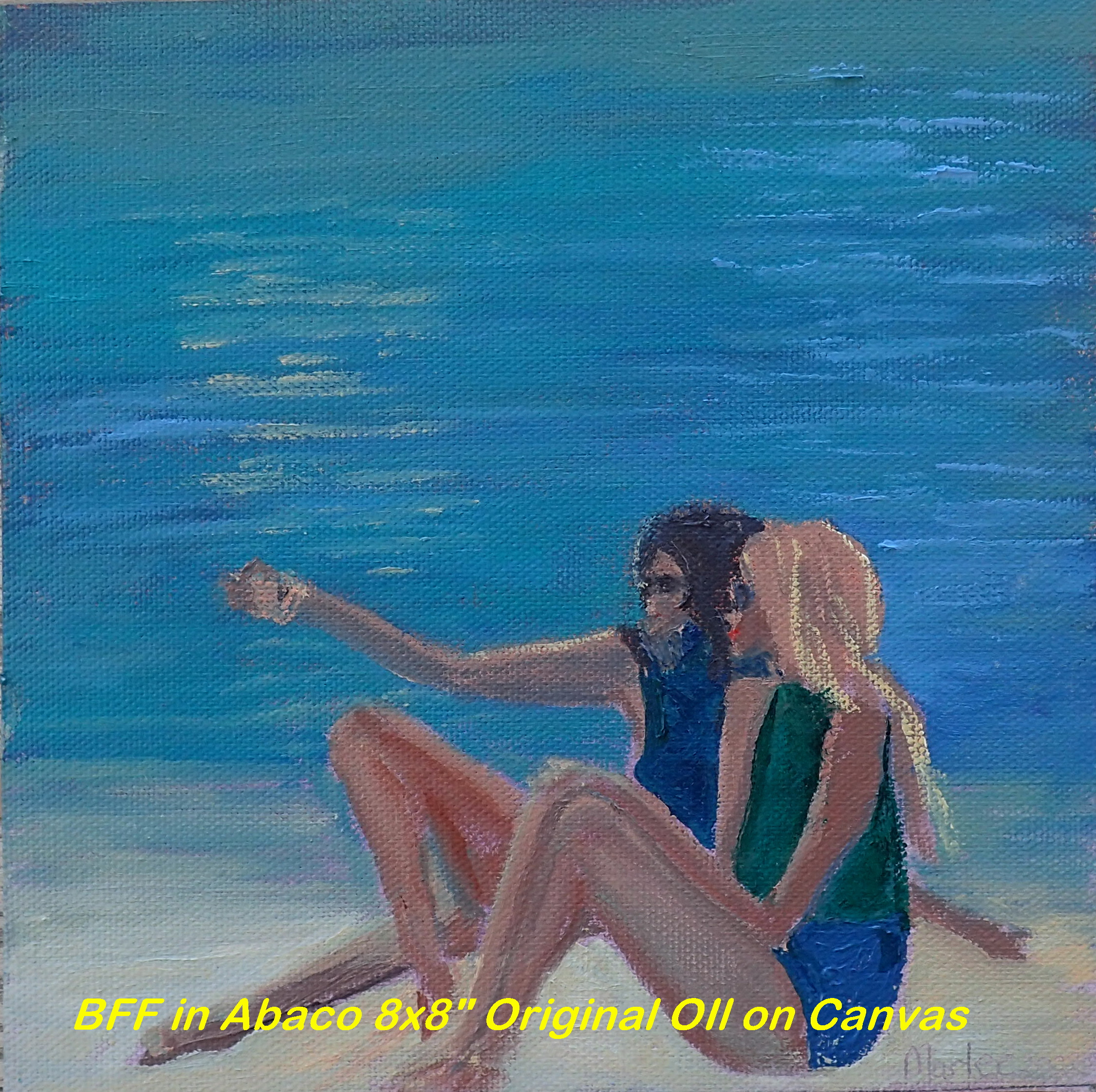 8x8" Original Oil Painting on Canvas board      The young ladies with the good fortune to vacation on Elbow Cay share the beauty back home with their smiles to post to their internet social media. 