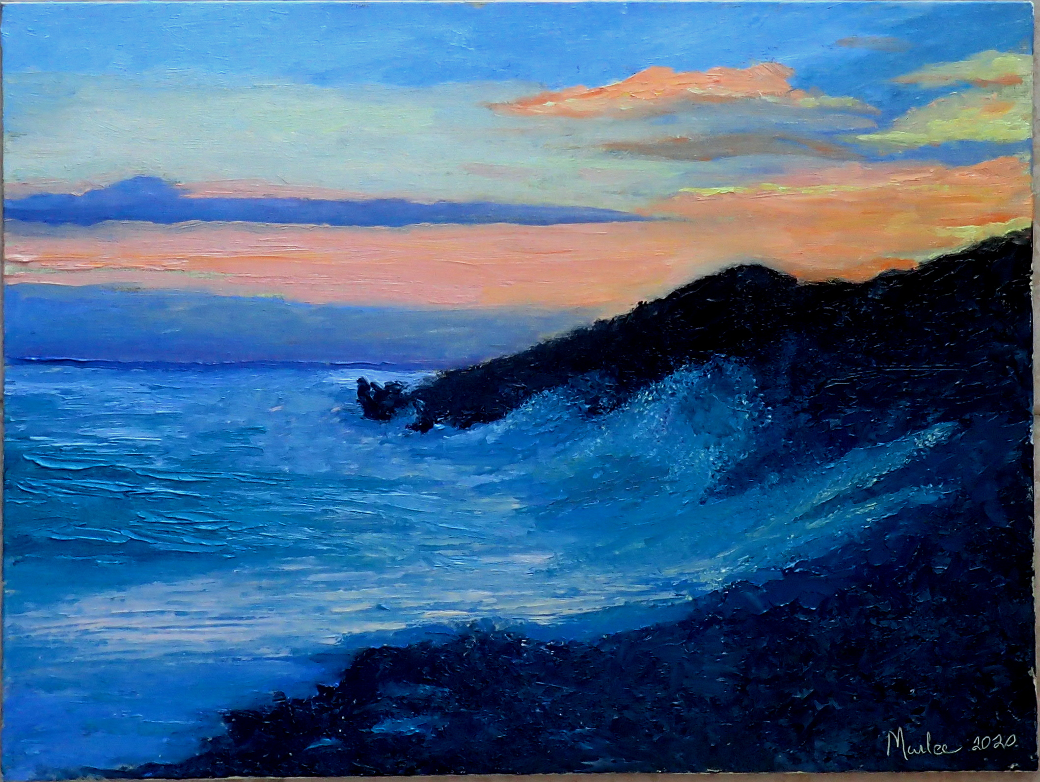 Original Oil on Canvas 16x22 A sun descending over the south west Watching Bay of Abaco Bahamas highlights the sea as it rolls to spray against the iron shore 